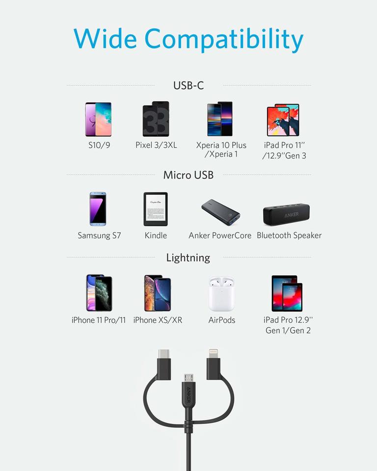 anker 321 usb-a to lightning cable 3 ft 3-in-1