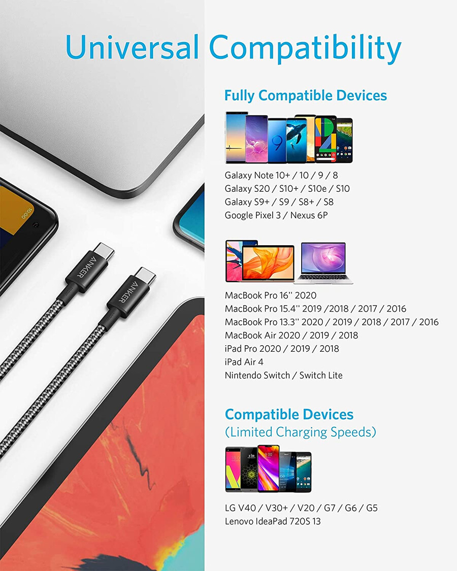 new nylon usb-c to usb-c 100w cable 10 ft