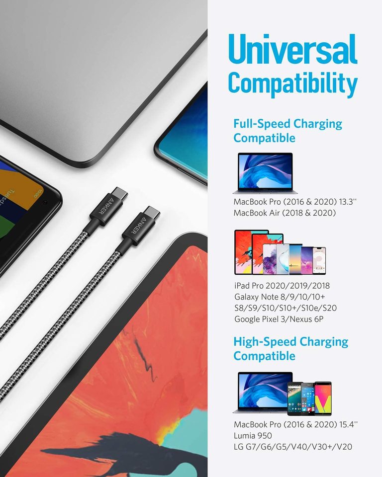 2-pack anker new nylon usb-c to usb-c cable 3 ft 6 ft 60w