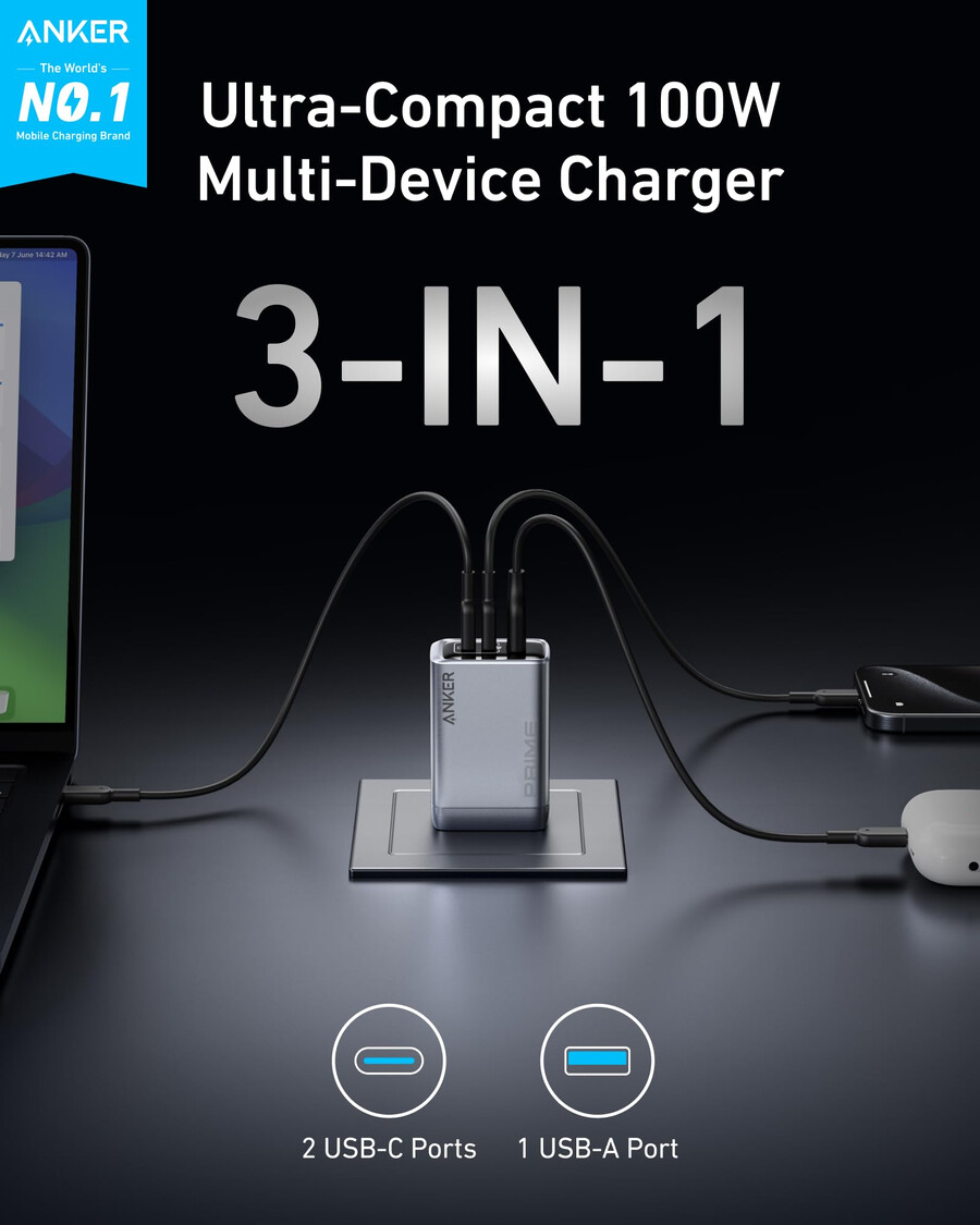 anker prime charger 100w 3 ports gan and anker prime usb-c to usb-c cable 240w upcycled-braided