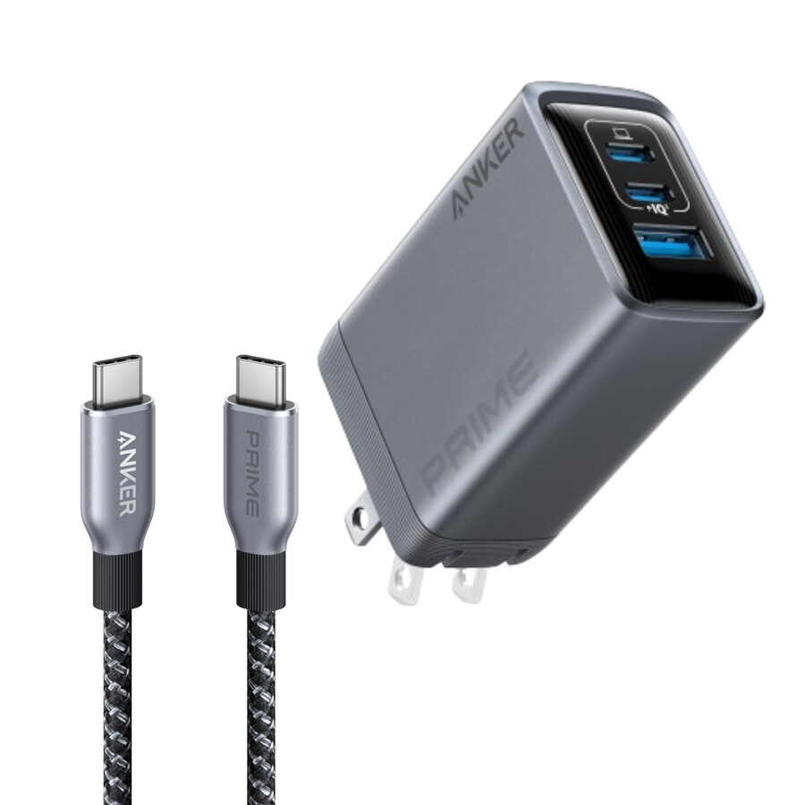 anker prime charger 100w 3 ports gan and anker prime usb-c to usb-c cable 240w upcycled-braided