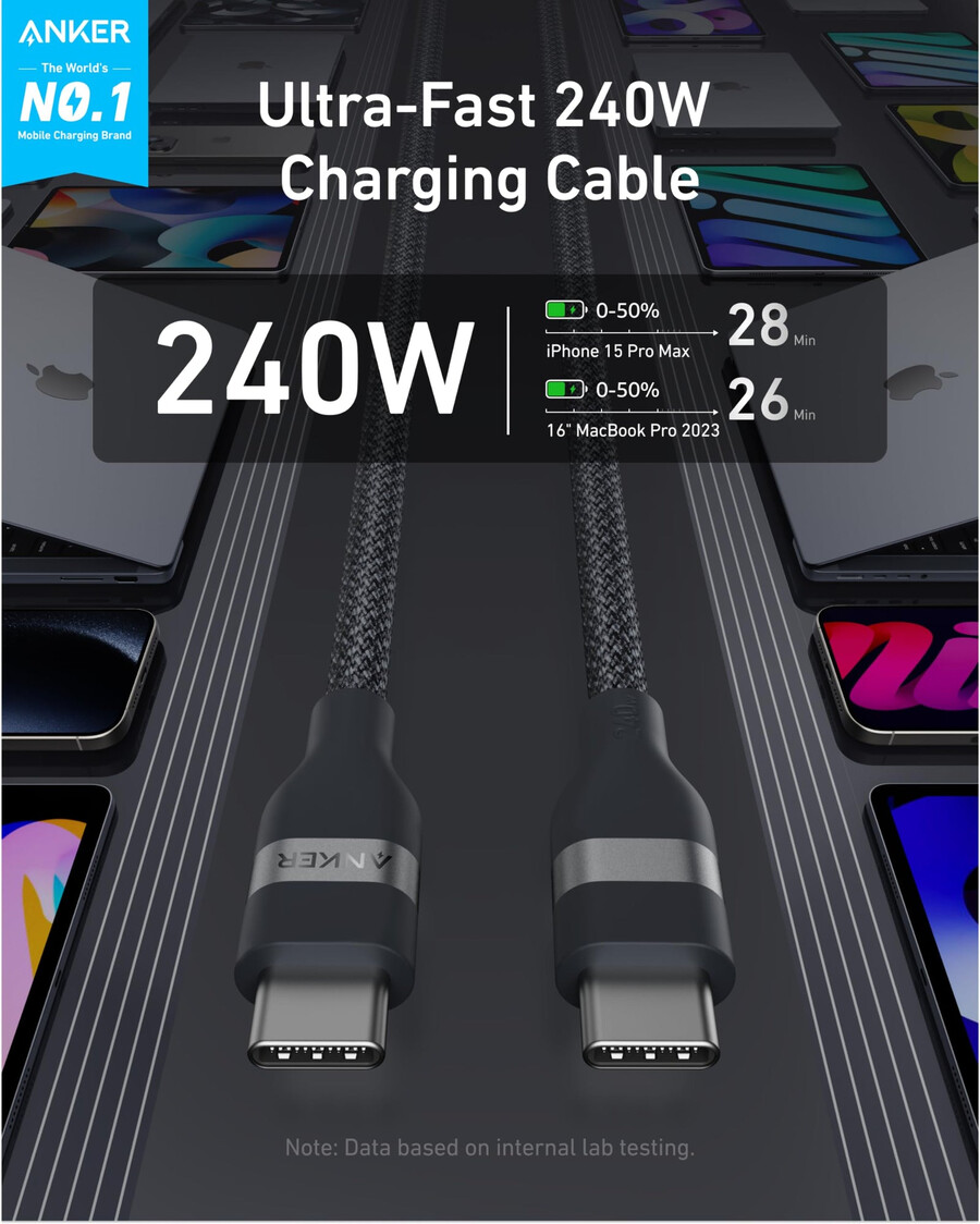 anker nano charger 45w with usb-c to usb-c cable and anker usb-c to usb-c cable 6 ft 240w upcycled-braided
