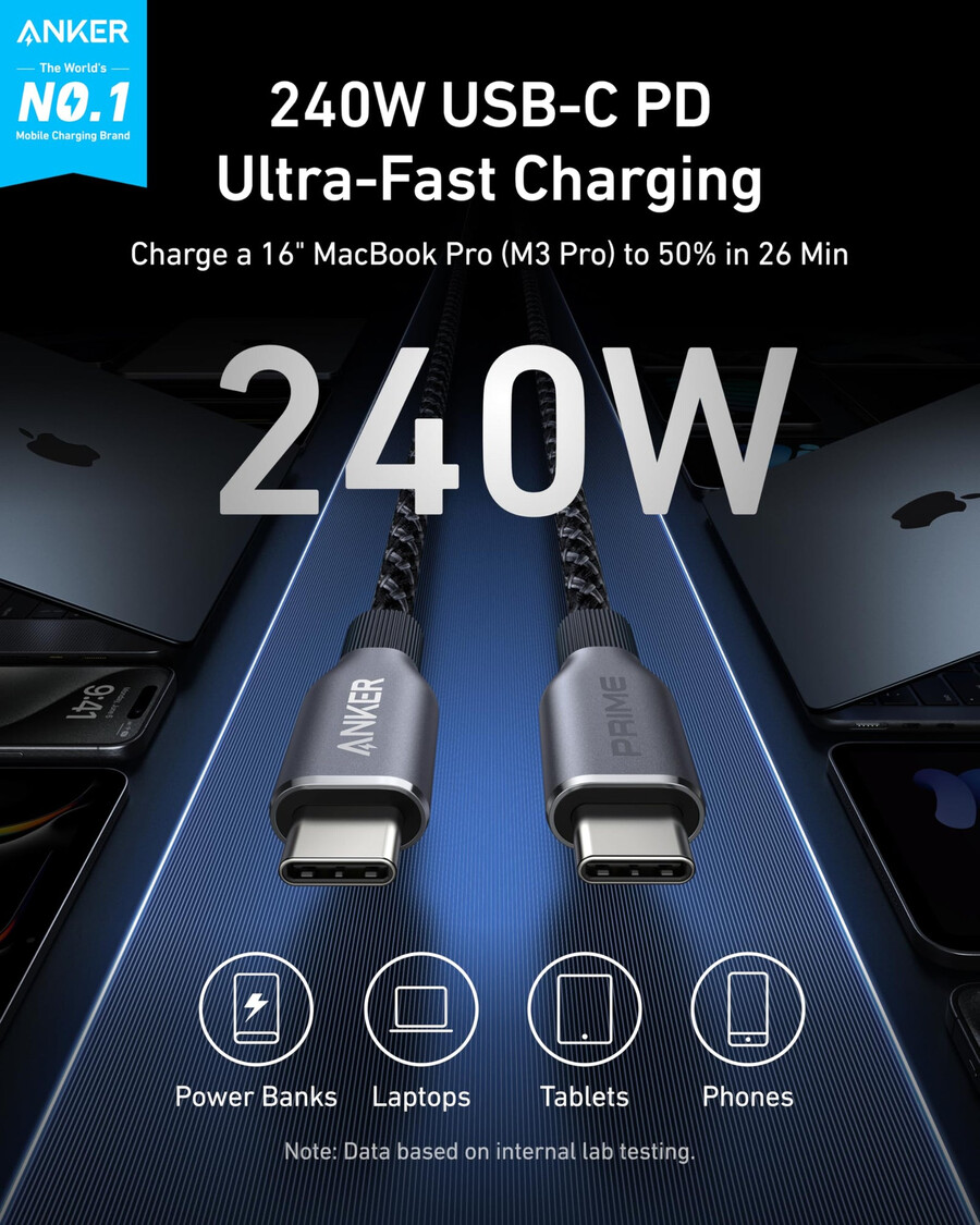 anker prime charging docking station with 240w usb-c to usb-c cable