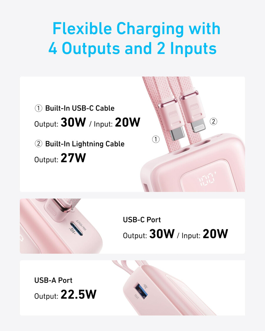 anker zolo power bank 20k built-in usb-c and lightning cable