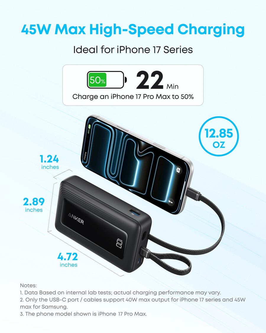 anker zolo power bank 20k built-in usb-c and lightning cable