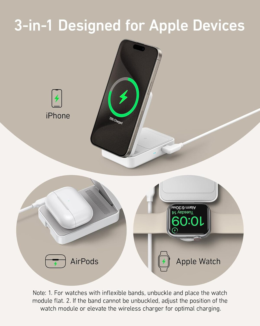 anker maggo wireless charging station foldable 3-in-1 and anker nano travel adapter 5-in-1 20w 1-pack